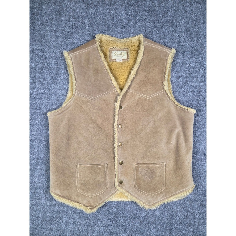 Scully Leather Vest Mens Large Tan Faux Shearling Lined Western Rancher Snap